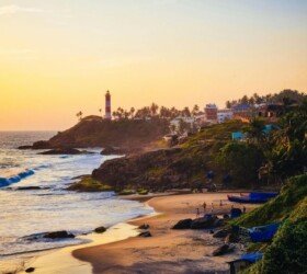 Kovalam Beach at Sunset with Lighthouse